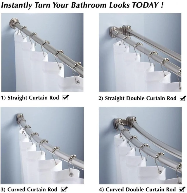 Rings shown on straight and curved shower rods