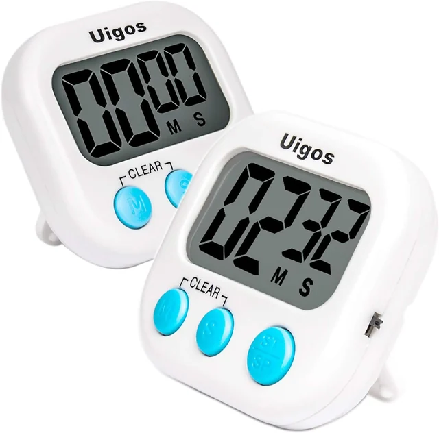 Two white Uigos digital timers with large displays and blue buttons