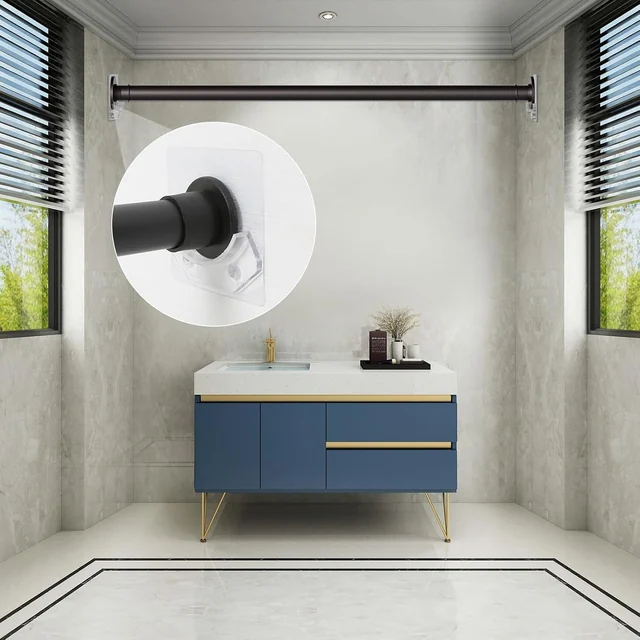 Clear shower rod support illustrated in a bathroom